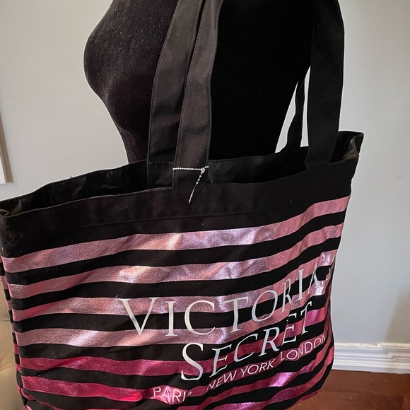 Victoria's Secret Overnight Canvas Purse Metallic Pink w/ Black Stripes Tote - Picture 3 of 13
